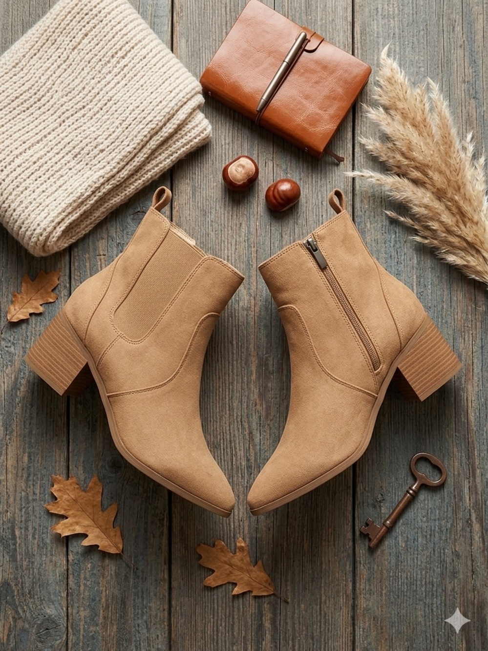 Tan Suede Ankle Booties with Block Heel